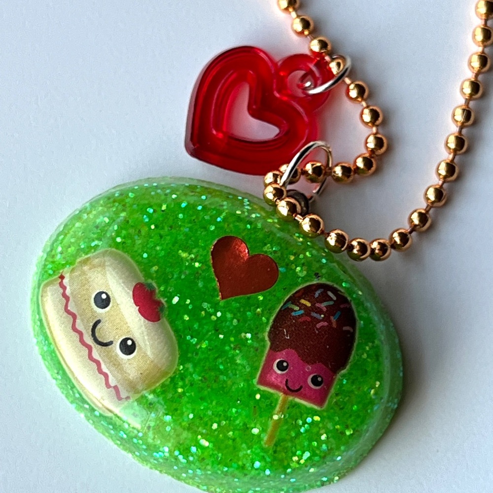 Glittery Desert Green Kids Necklace with Red Heart Charm